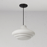 Brookfield Medium-Deckenleuchte in Bronze mit Opalglas, modernes Design, abgehängt an schwarzem Kordel.