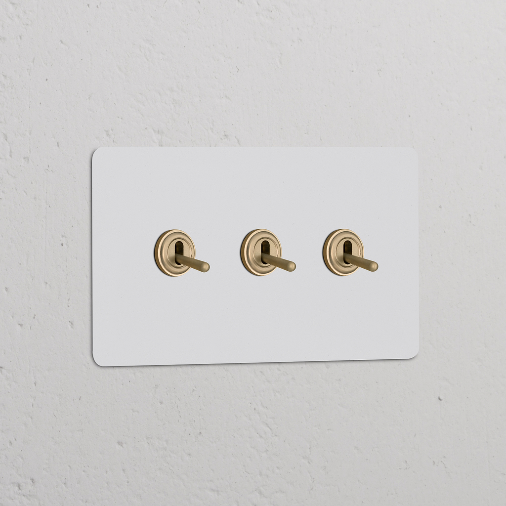 Zweifachrahmen mit 3x Kipphebelschalter in antikem Messing auf lackierbarem weißem Panel an der Wand.
