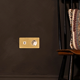 USB-C-Anschluss (30 W) und SchuKo-Steckdoseneinsatz, Typ F, in antikem Messing + Weiß Zweifachrahmen an einer braunen Wand.