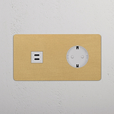 Zweifachrahmen mit USB-C-Anschluss (30 W) und SchuKo-Steckdose Typ F, Antikes Messing + Weiß Design.