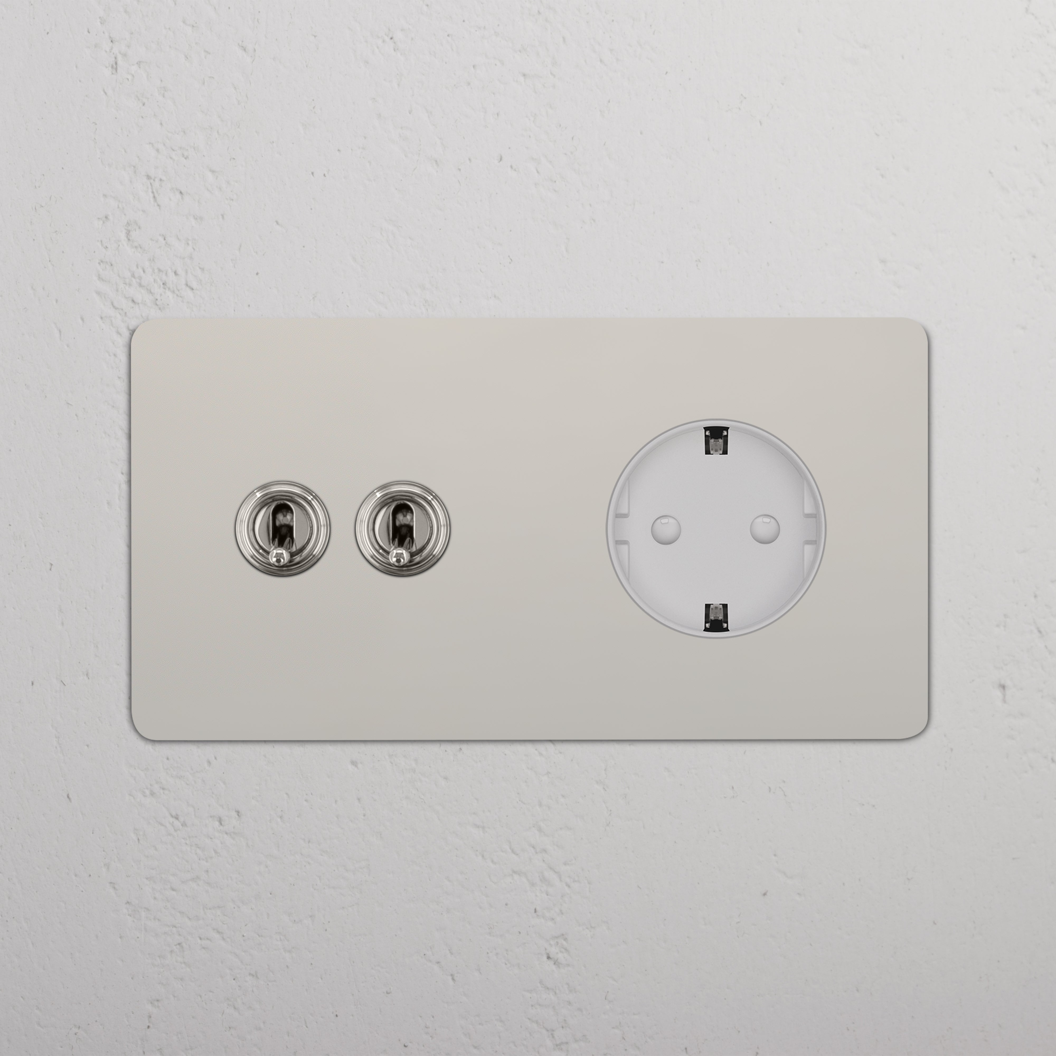 2x Tuimelschakelaar & Rond Schuko Type F Stopcontact op Dubbele Afdekplaat in Gepolijst Nikkel (Wit Inzetstuk).