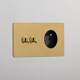 2x Tuimelschakelaar & Rond Belgisch Type E Stopcontact (Dubbele Afdekplaat) - Antiek Messing (Zwart Inzetstuk)