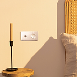 Dubbele afdekplaat in gepolijst nikkel met wit inzetstuk, voor tuimelschakelaar en rond Schuko type F stopcontact.