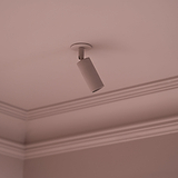 Durham Spotlight 35mm Beschilderbaar, plafondspot, verlicht een roze plafond met gedetailleerde lijst.
