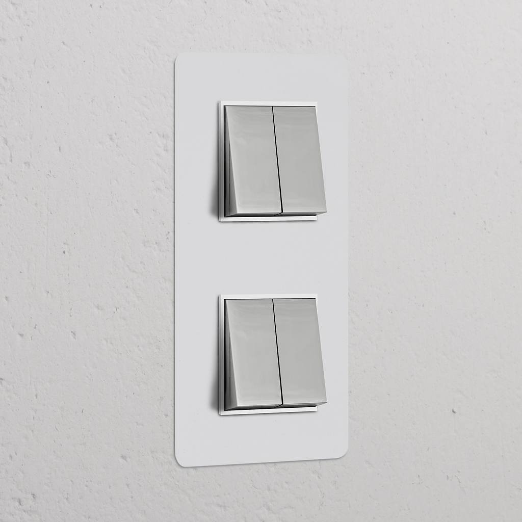 Dubbele Wissel-Wipschakelaar met verticale afdekplaat, in overschilderbaar gepolijst nikkelwit, voor op de muur.