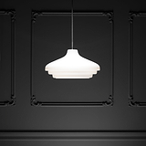 Brookfield Grote Hanglamp Opaalglas met gepolijste nikkel afwerking in een stijlvol ingerichte donkere kamer.
