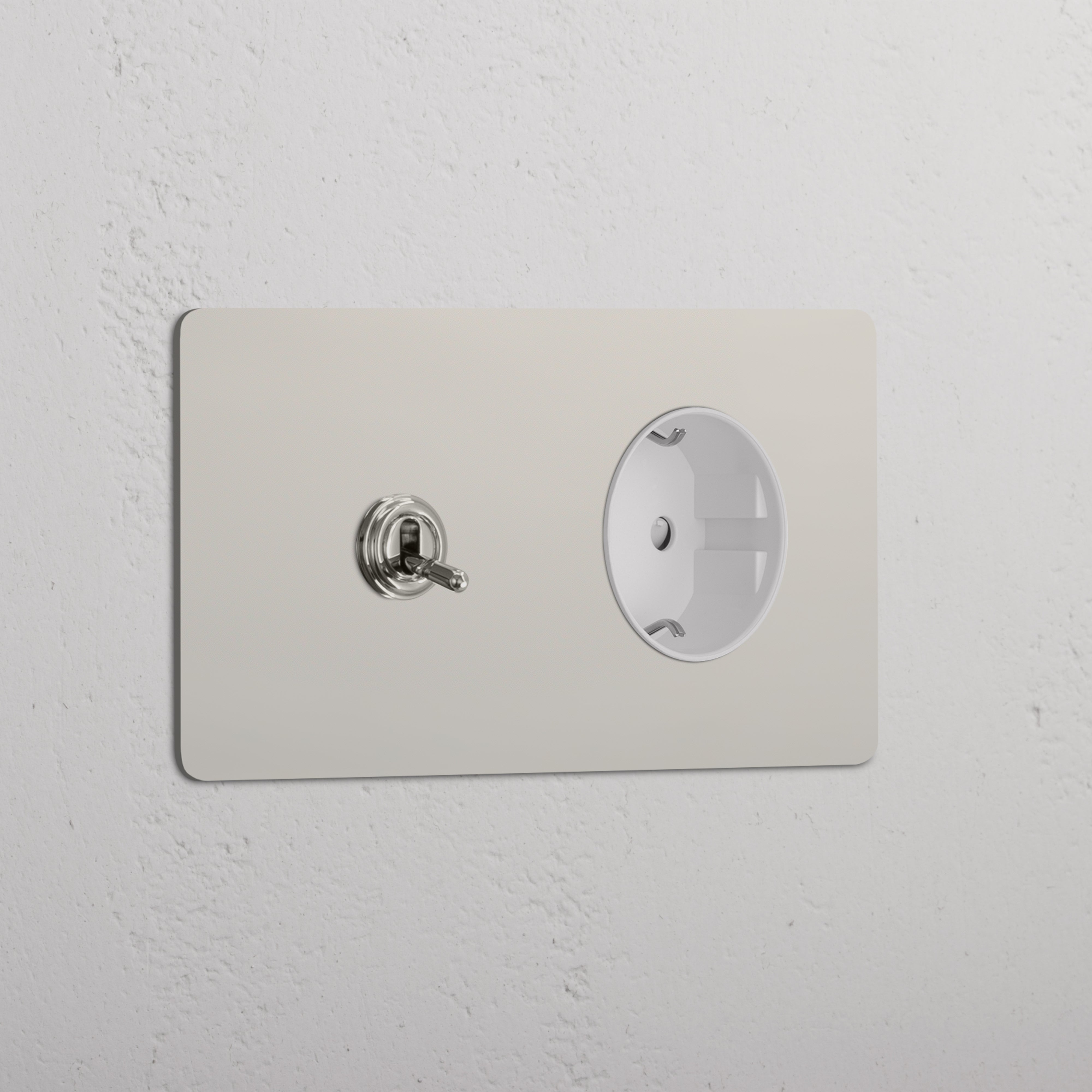 Tuimelschakelaar & Rond Schuko Type F Stopcontact (Dubbele Afdekplaat) - Gepolijst Nikkel (Wit Inzetstuk)