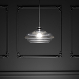 Brookfield Grote Hanglamp Geribbeld Glas in gepolijst nikkel afwerking tegen een getextureerde donkere muur.