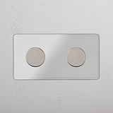 Dubbele afdekplaat voor 2x multicontrol dimschakelaars in doorzichtig gepolijst nikkel, modern design.