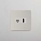 Enkele RJ45 & HDMI-module in Gepolijst Nikkel Wit op witte achtergrond