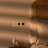 Antieke messing 3-voudige afdekplaat met tuimelschakelaar en 2x ronde Schuko Type F stopcontacten, zwarte inzet.