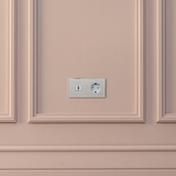 USB-C 30W voedingsmodule & rond Schuko Type F stopcontact in dubbele afdekplaat, gepolijst nikkel met wit inzetstuk.