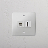 Veelzijdige connectiviteitsoplossing: Dubbele Function RJ45 & HDMI-module in doorzichtig wit op witte achtergrond