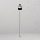 Ealing Pad Spotlight - Gepolijst Nikkel buitenspot met strakke afwerking tegen een gestructureerde witte muur.