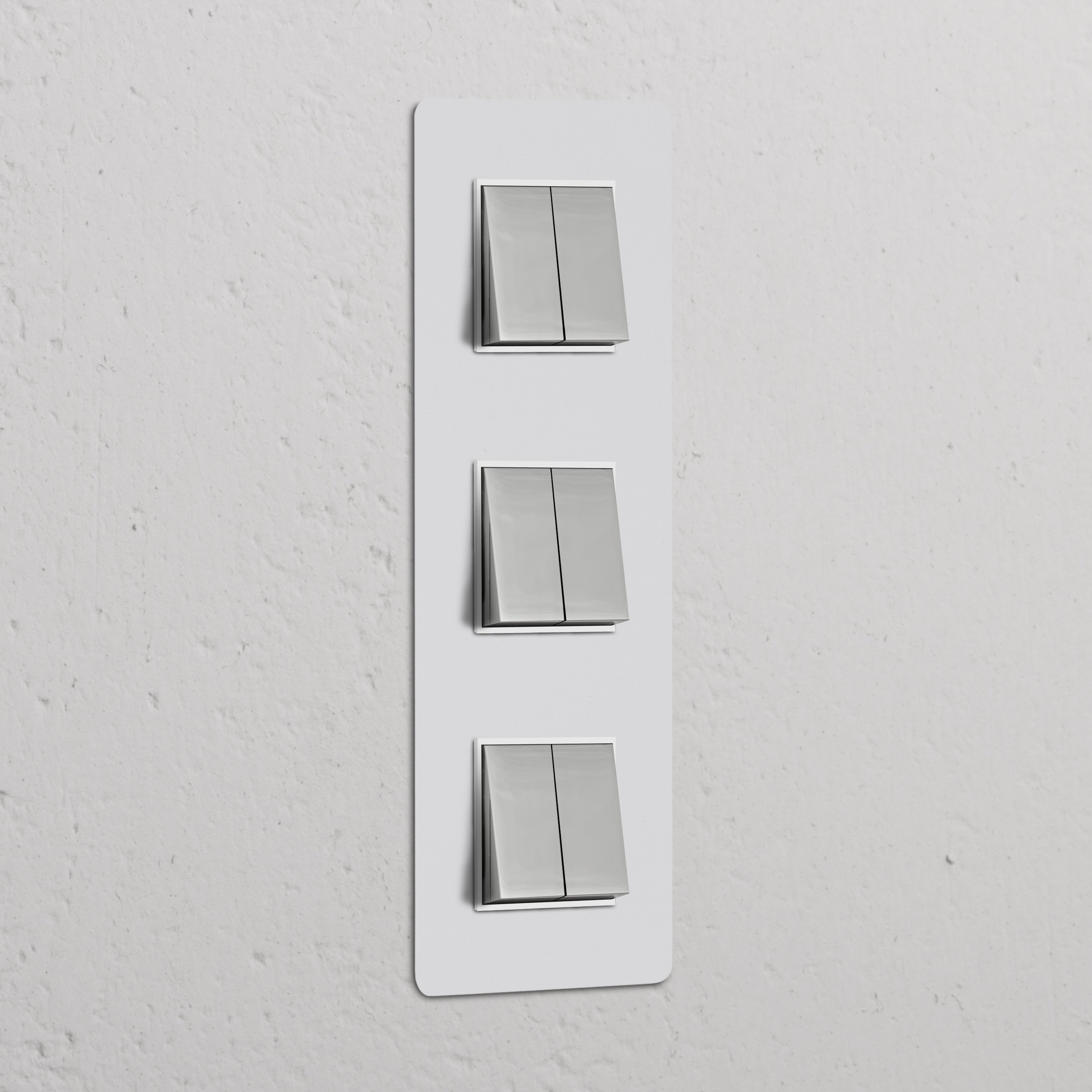 6x Wissel-Wipschakelaar met verticale plaat in overschilderbaar gepolijst nikkelwit, voor drievoudige schakelaars & dimmers.