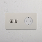 2x Tuimelschakelaar & Rond Schuko Type F Stopcontact op Dubbele Afdekplaat in Gepolijst Nikkel (Wit Inzetstuk).