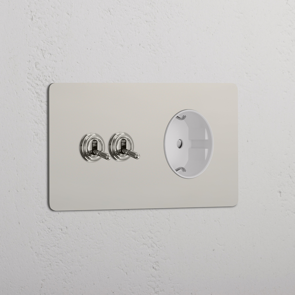 2x Tuimelschakelaar & Rond Schuko Type F Stopcontact (Dubbele Afdekplaat) - Gepolijst Nikkel (Wit Inzetstuk)