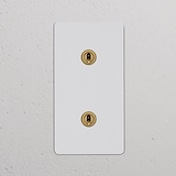 Overschilderbare antieke messing dubbele verticale schakelaar met afdekplaat, voorzien van 2x Wissel-Tuimelschakelaar design.