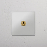 Strakke enkele tuimelschakelaar in doorzichtig Antiek Messing - accessoire voor huisverlichting op witte achtergrond