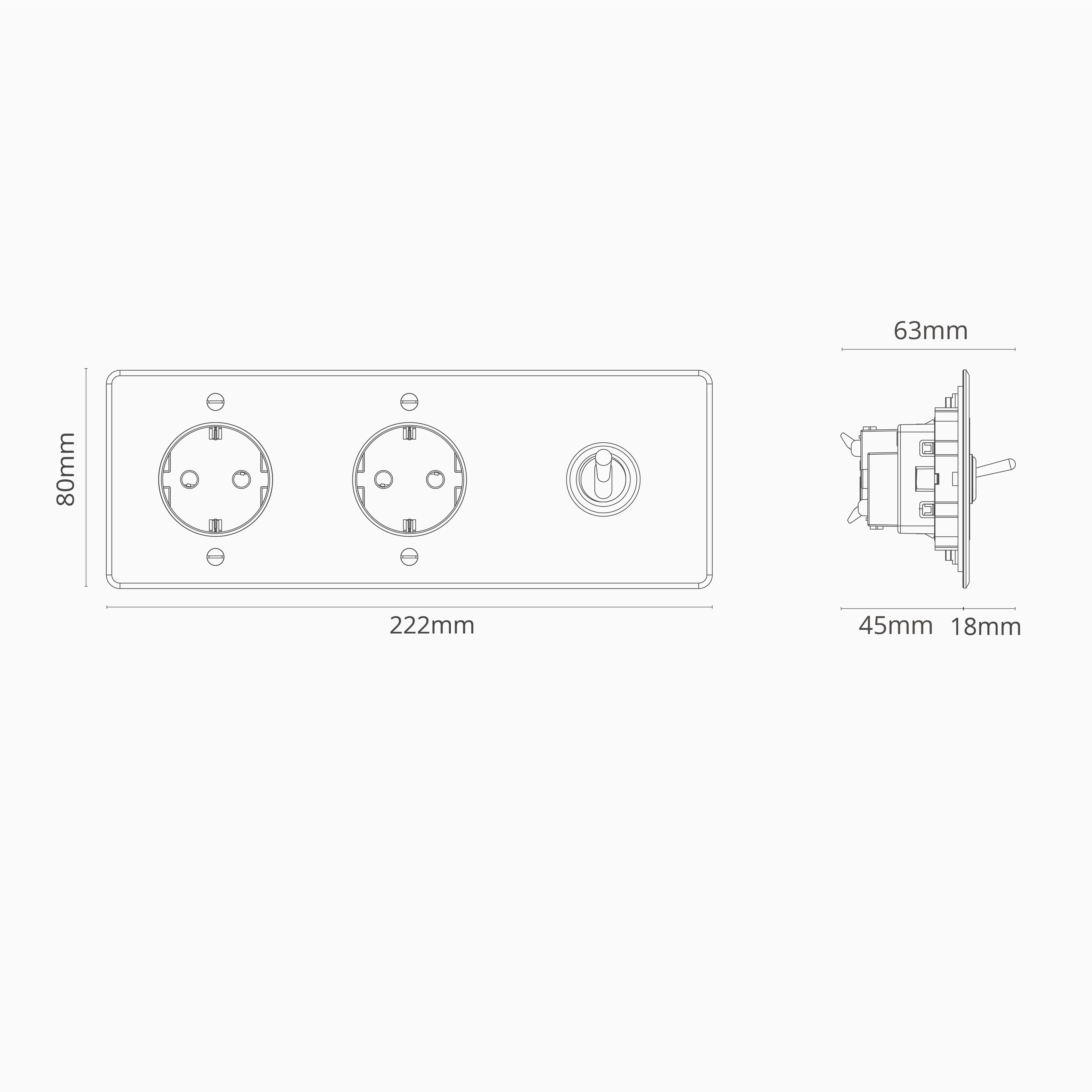 Kew Drievoudige tuimelschakelaar en 2x Schuko type F stopcontact - Doorzichtig antiek messing | Zwart