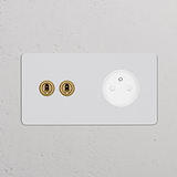 2x Tuimelschakelaar & Rond Type E Stopcontact met Dubbele Afdekplaat in Beschilderbaar Antiek Messing Wit afwerking.