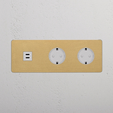 Antiek messing frontpaneel met USB-C 30W module en twee Schuko Type F-aansluitingen, witte inzet.