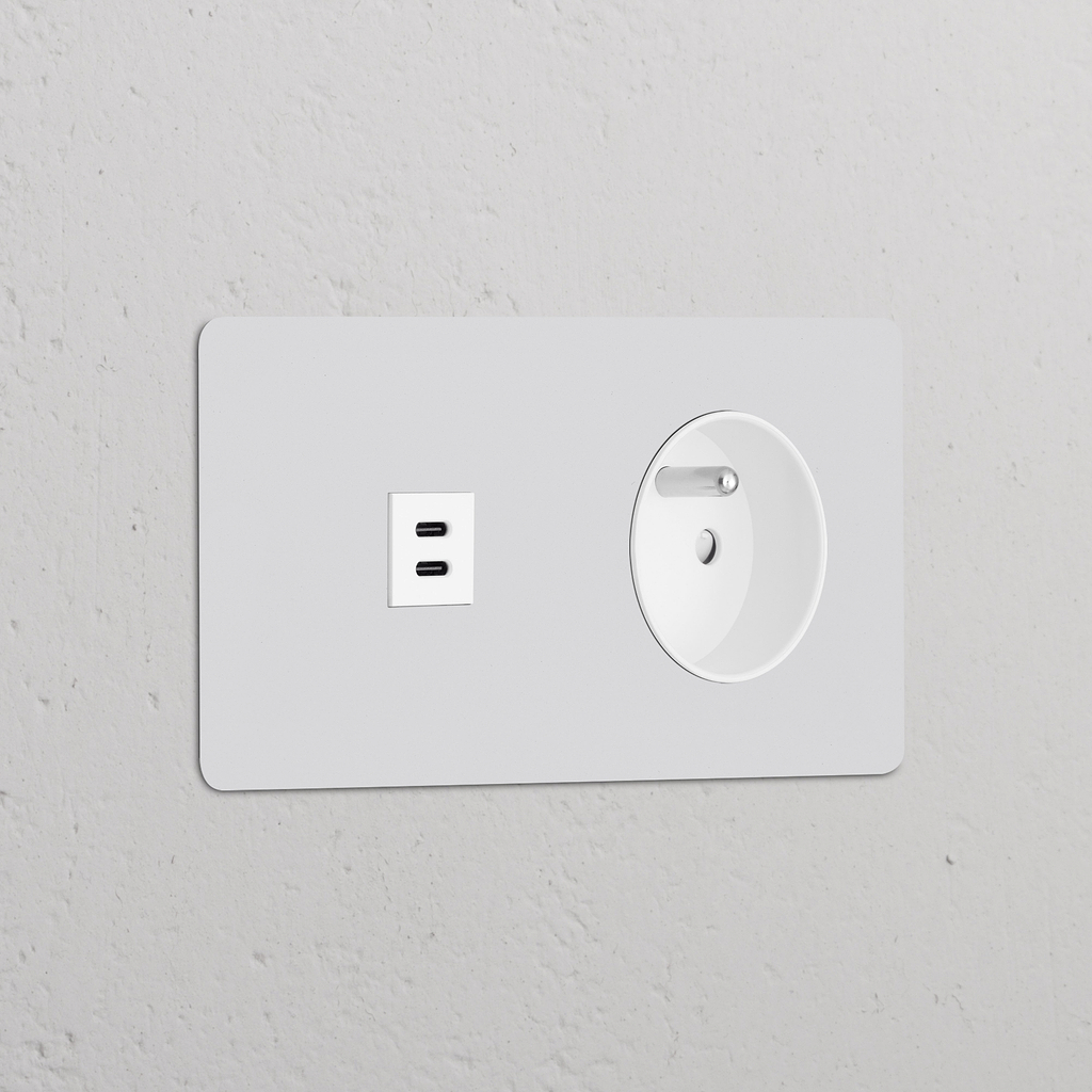 USB-C 30W voedingsmodule & Belgisch Type E stopcontact, dubbele afdekplaat, beschilderbaar wit.
