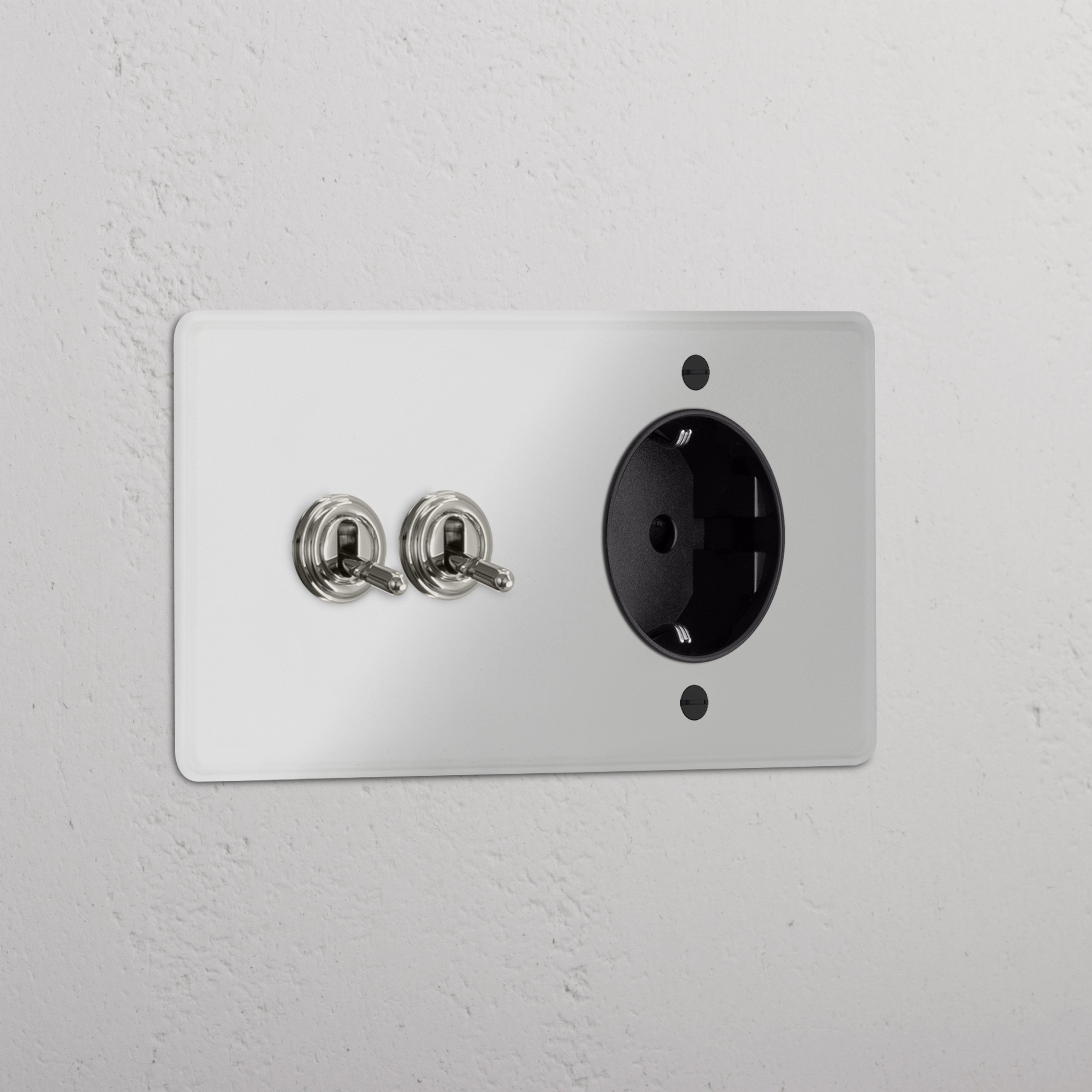 2x Tuimelschakelaar & Rond Schuko Type F Stopcontact (Dubbele Afdekplaat) - Doorzichtig Gepolijst Nikkel (Zwart Inzetstuk)