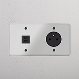 USB-C 30W voedingsmodule & rond Belgisch Type E stopcontact met dubbele afdekplaat, transparant design (zwart inzetstuk).