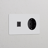 USB-C 30W voedingsmodule & rond Schuko Type F stopcontact op dubbele afdekplaat, beschilderbaar zwart.