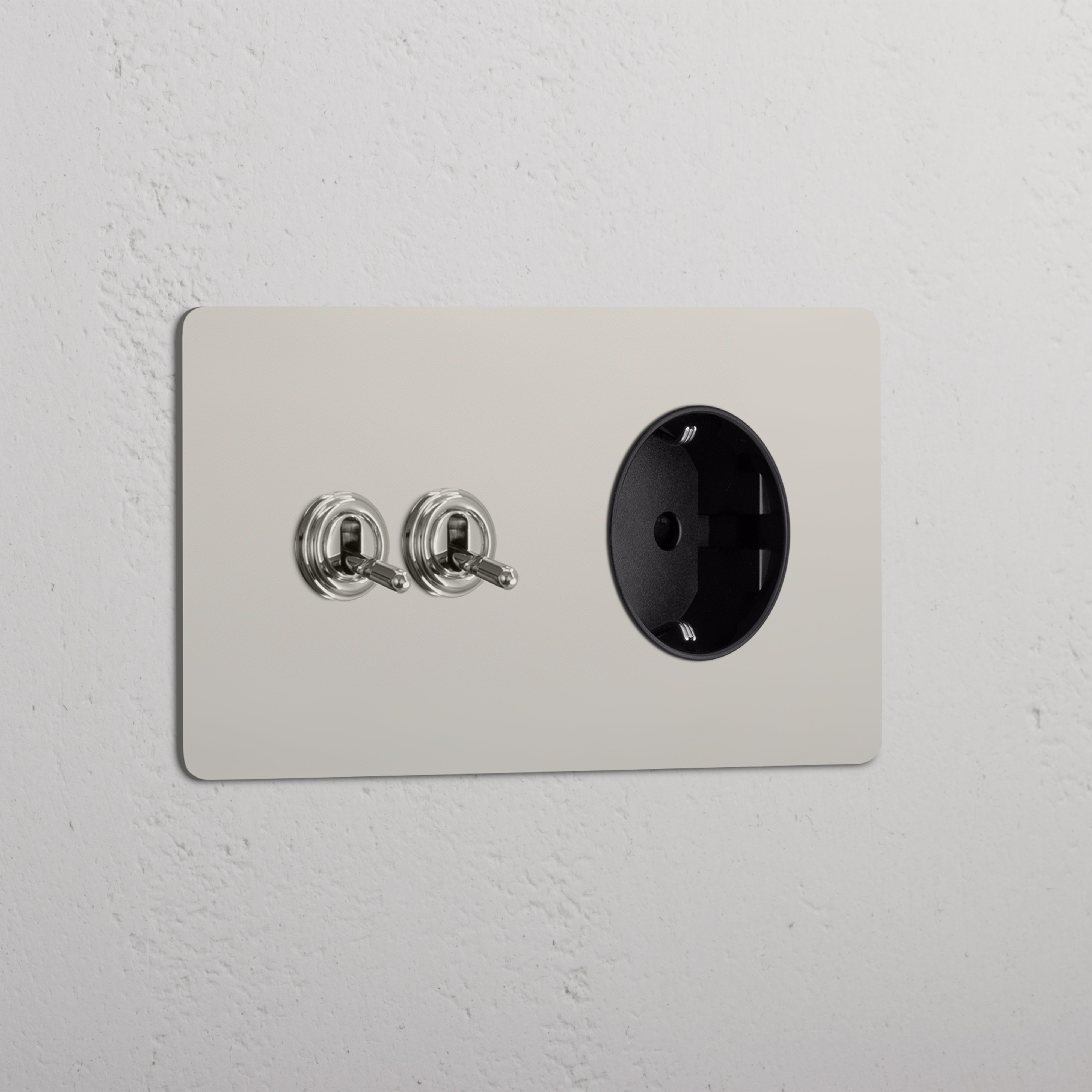 2x Tuimelschakelaar & Rond Schuko Type F Stopcontact (Dubbele Afdekplaat) - Gepolijst Nikkel (Zwart Inzetstuk)