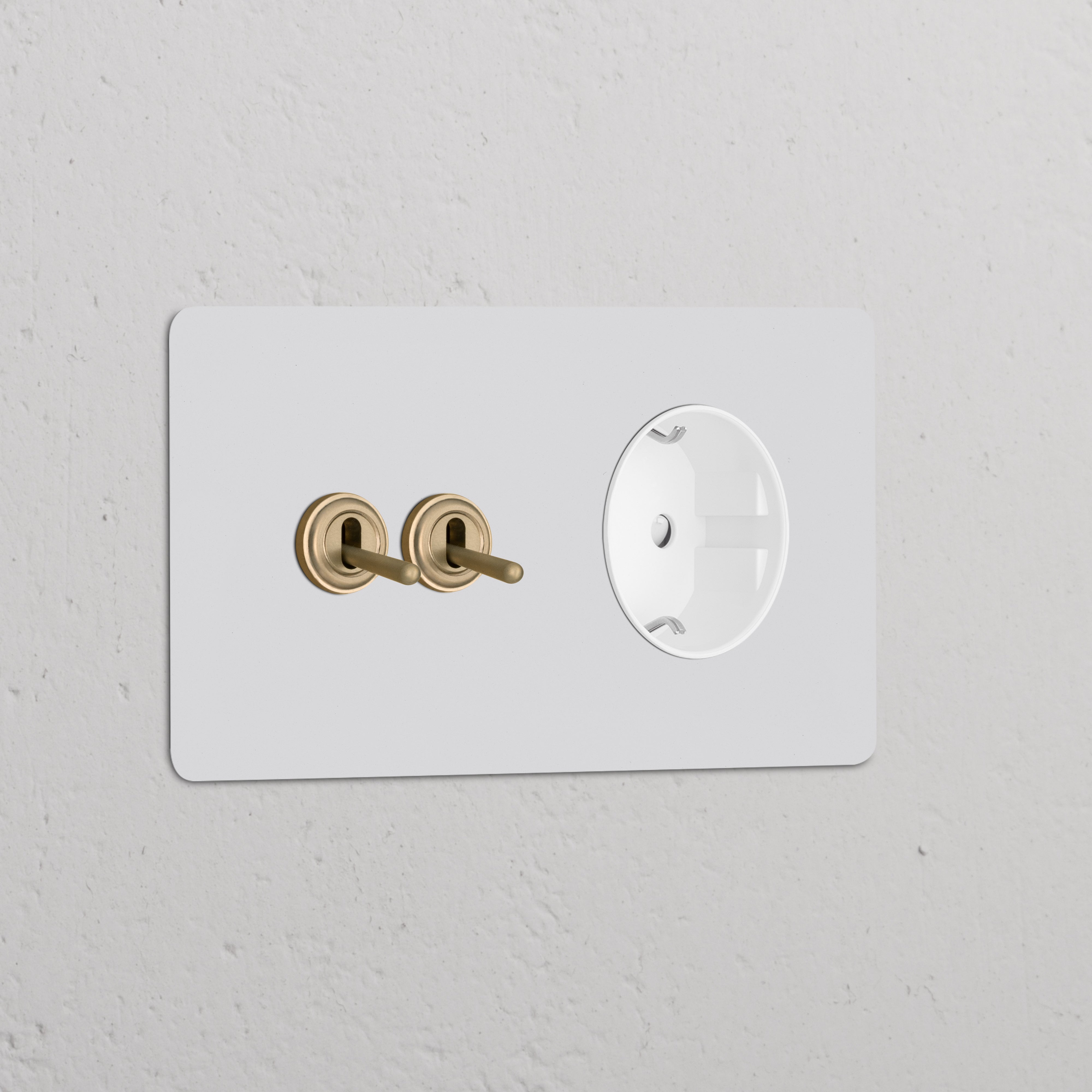 Witte plaat met 2 antieke messing tuimelschakelaars en twee ronde Schuko Type F stopcontacten, afwerking die geschilderd kan worden.