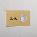 2x Tuimelschakelaar & Rond Belgisch Type E Stopcontact (Dubbele Afdekplaat) - Antiek Messing (Wit Inzetstuk)