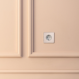Strakke Rond Schuko Type F stopcontact met Enkele Afdekplaat in gepolijst nikkel en witte inzet op een beige muur.
