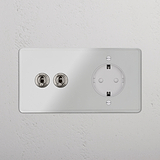 2x Tuimelschakelaar & Rond Schuko Type F stopcontact met dubbele afdekplaat in doorzichtig gepolijst nikkel, met inzetstuk.