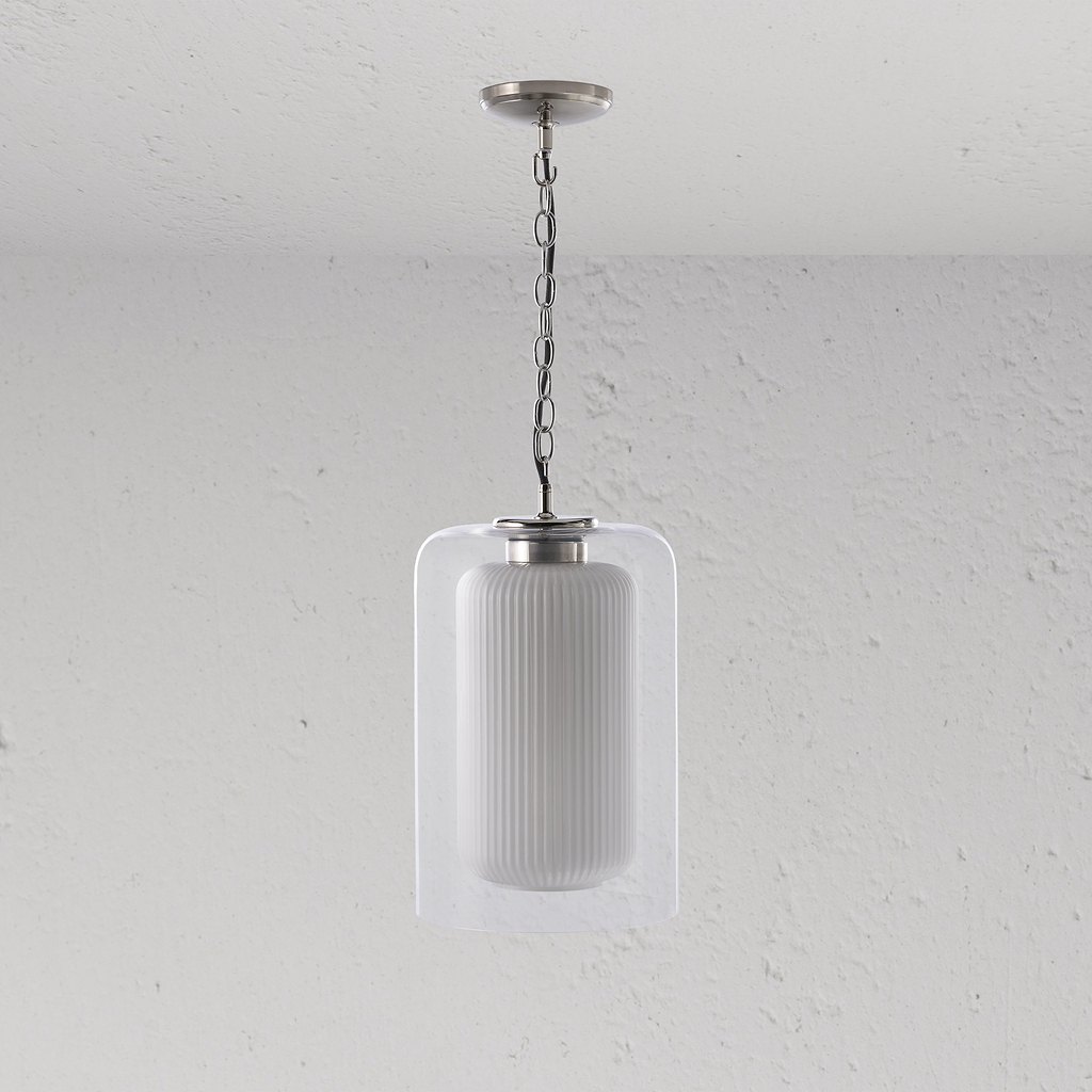 Windsor Medium Hanglamp Opaalglas: Moderne middelgrote hanglamp met geribbeld glas en gepolijste nikkel afwerking.