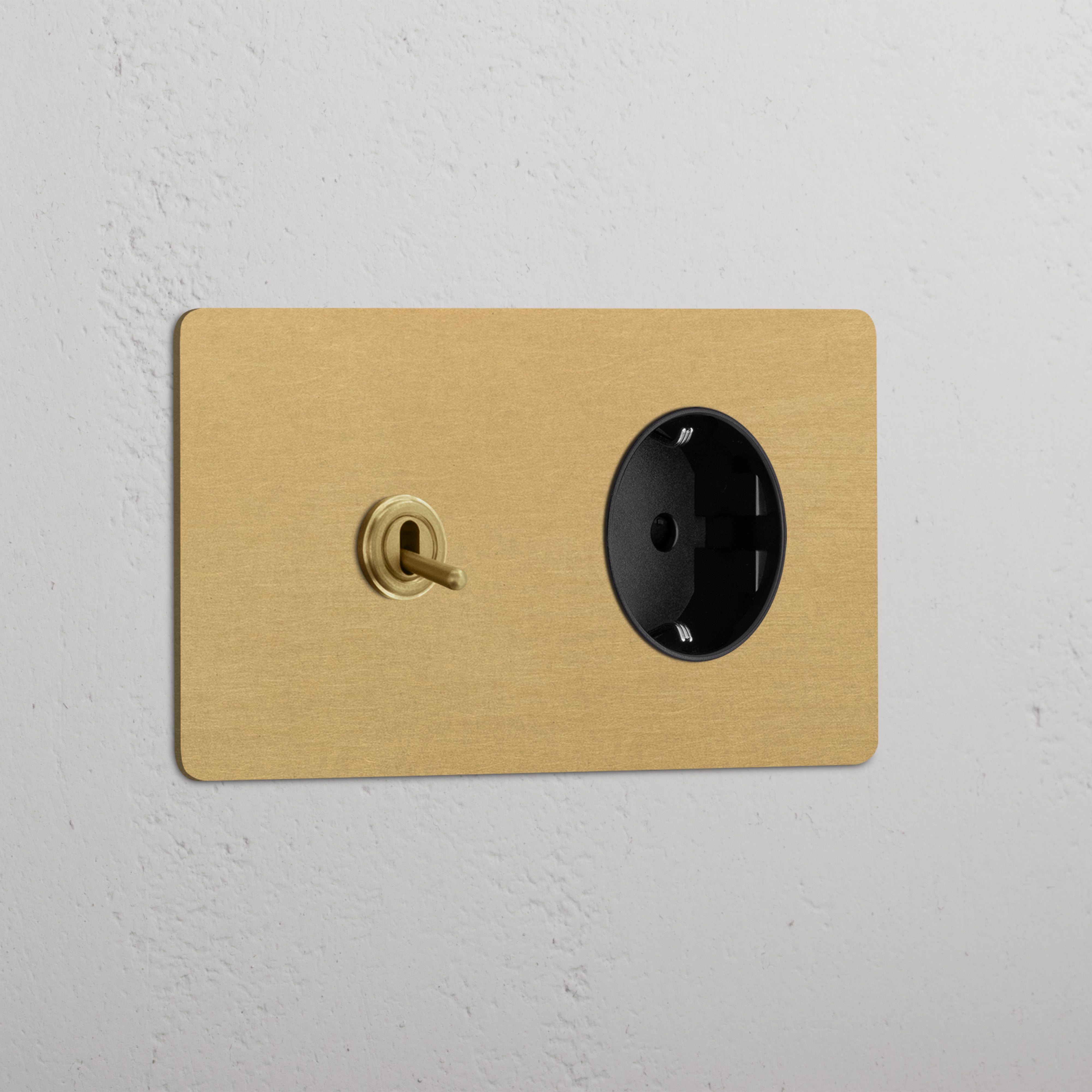 Tuimelschakelaar & Rond Schuko Type F Stopcontact (Dubbele Afdekplaat) - Antiek Messing (Zwart Inzetstuk)