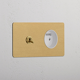 Tuimelschakelaar & Rond Belgisch Type E Stopcontact (Dubbele Afdekplaat) - Antiek Messing (Wit Inzetstuk)