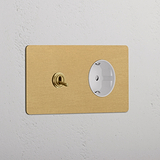 Tuimelschakelaar & Rond Schuko Type F Stopcontact (Dubbele Afdekplaat) - Antiek Messing (Wit Inzetstuk)