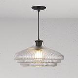 'Brookfield Grote Hanglamp Geribbeld Glas - Brons' met geribbeld glazen ontwerp hangend aan het plafond.