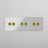 Six-Levers Triple Toggle Switch in Clear Antique Brass - Elegant Light Control Solution on White Background