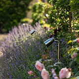 Spot extérieur 'Projecteur d'allée Ealing - Nickel Poli' éclairant un jardin fleuri.