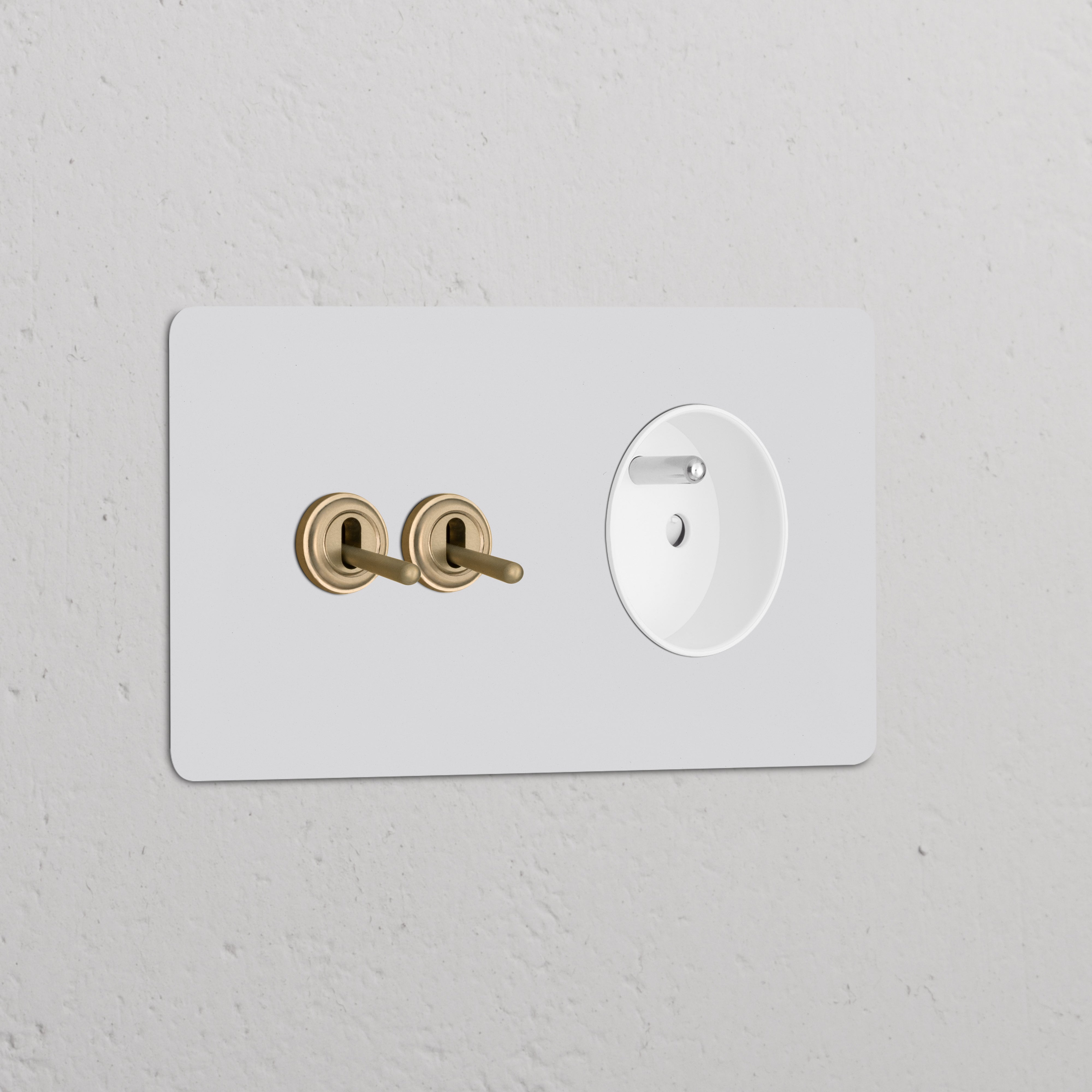 Interrupteur VV à levier x2 & Prise Type E sur double plaque laiton avec insert blanc, design classique mais moderne.