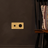 Prise USB-C 30W & Prise de Courant Ronde Type E (Plaque Double) en Laiton Ancien avec Insert Noir sur un mur sombre.