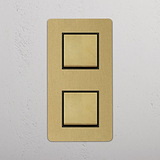 Vertical Double Rocker Switch, Antique Brass Black Style on White Background