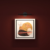 Peinture abstraite aux formes géométriques encadrée et éclairée par un Taylor 220mm sur un mur rouge foncé.