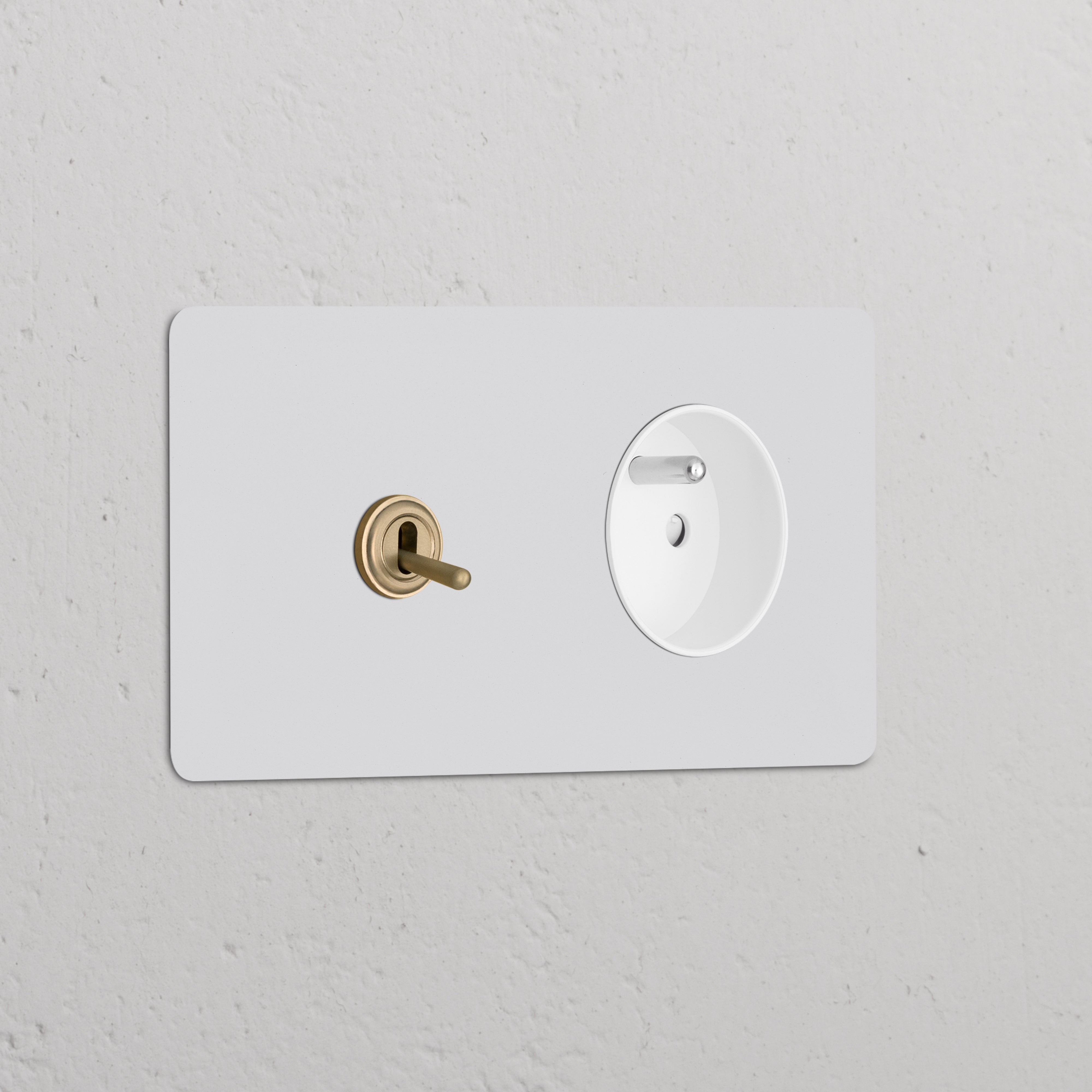 Interrupteur VV à Levier & Prise Type E sur double plaque laiton avec inserts blancs, pour utilisation double interrupteur.