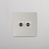 Dual TV Signal Accessory: Polished Nickel White Single 2x TV Module on White Background