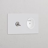 Interrupteur VV à levier & douille ronde Type E en nickel poli sur double plaque, avec insert blanc peignable.