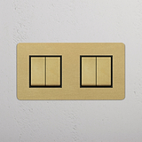Antique Brass Black Double Rocker Switch, Four-Switch Design on White Background